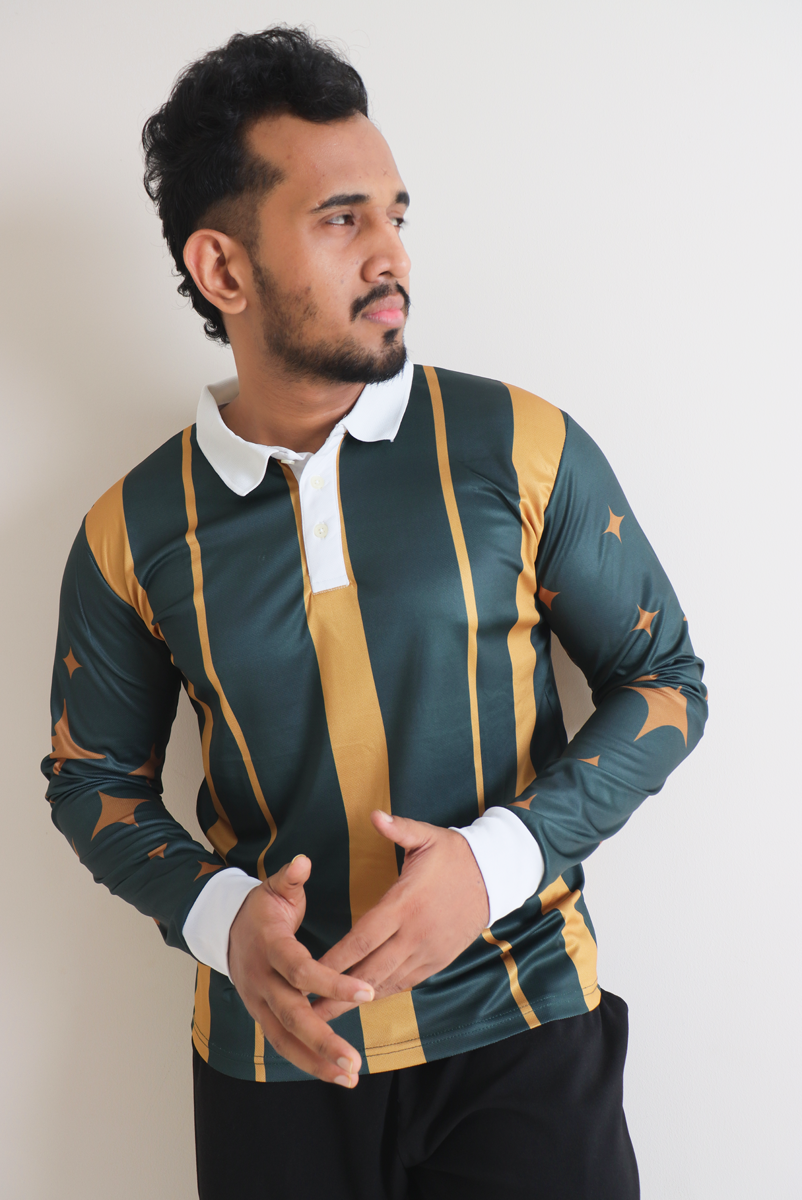 Men’s Emerald Eclipse Striped Long-Sleeve Forest Green & Golden Yellow Polo Shirt