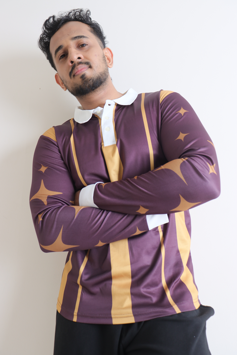 Men’s Royal Eclipse Striped Long-Sleeve Plum Purple & Golden Yellow Polo Shirt