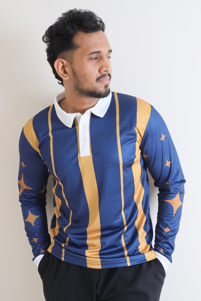 Men’s Royal Stripes Performance Navy Blue & Golden Yellow Polo Shirt