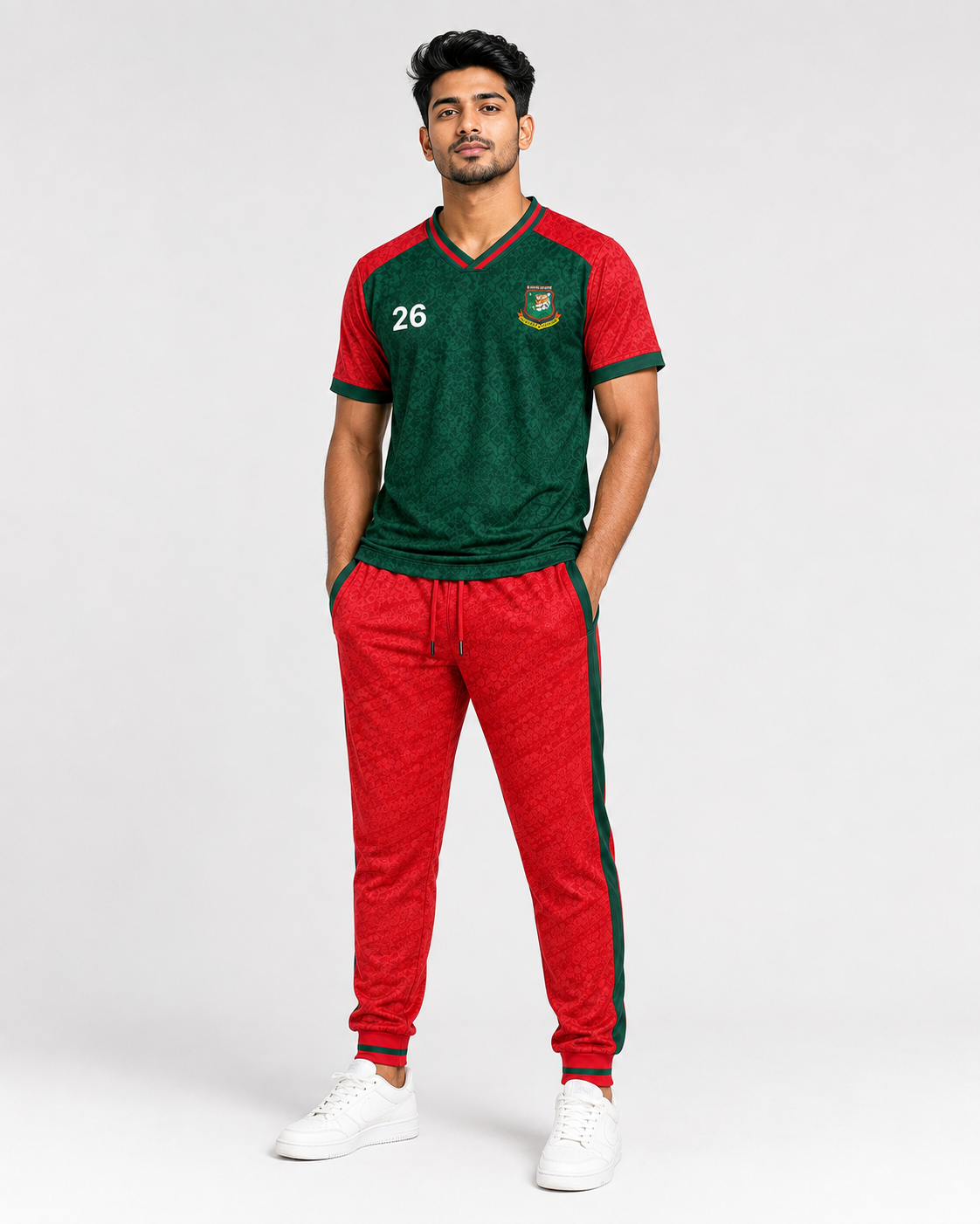 Men’s Bangladesh Football Inspired Green & Red Sports Jersey and Jogger Set