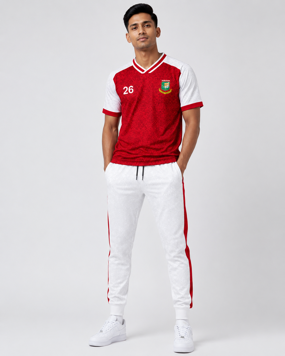 Men’s Bangladesh Football Inspired Red & White Short Sleeve Sports Jersey and Jogger Set
